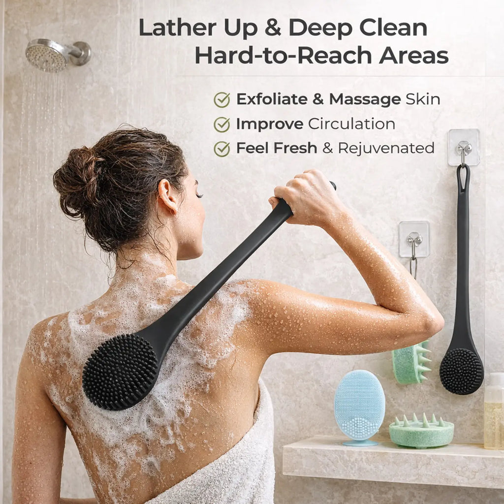 Royal Peach Premium Exfoliating Bath Combo – Silicone Back Brush, Body Scrubber, Scalp Massager & Facial Cleanser