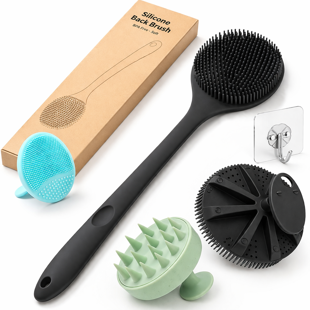 Royal Peach Premium Exfoliating Bath Combo – Silicone Back Brush, Body Scrubber, Scalp Massager & Facial Cleanser